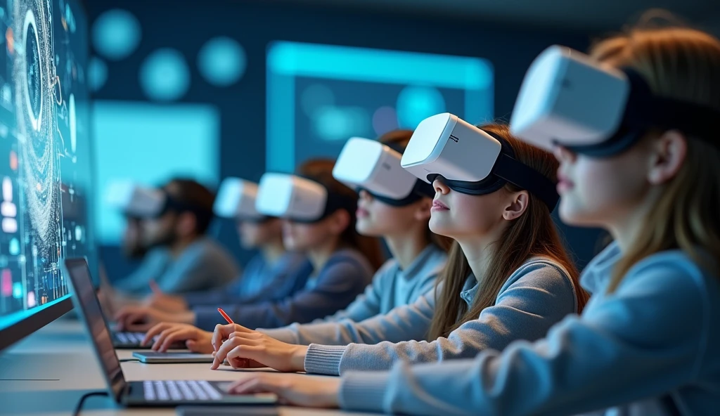 Students engaging with VR headsets and AI in the classroom, enhancing learning through machine learning and interactive technology.