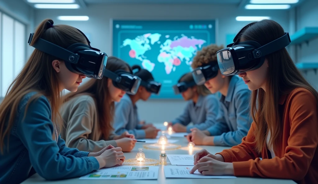 Students engaging with VR headsets and AI in the classroom, enhancing learning through machine learning and interactive technology.