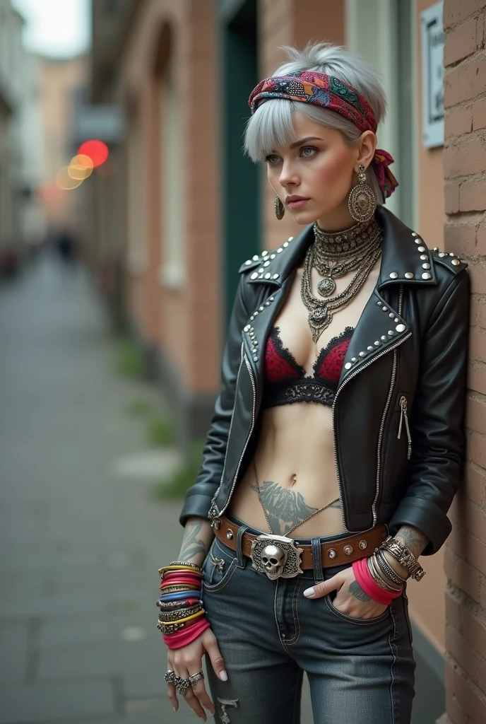russian milf woman, grey hair (middle part) and wide colourful bandana as headband, with very light blue eyes, extremely pale. Wearing studded cropped black moto jacket with lots of zippers and pins, black and red lace push up bra , dark skinny blue jeans and pointy silver Chelsea boots with cuban heels . Lots of colourful thick bracelets, colourful collars and colourful rings. Tacky wide studded leather belt with oversized skull and bones buckle. Long bohemian earrings with feathers. Standing up in a lazy way, humble facial expression. Hands in her pockets, showing off bracelets and rings. Chains around belt.. Listening in amazement to somebody speaking to her, toned six pack abdominals, thin neck, slim legs and thin arms. Tattoed heavily.  