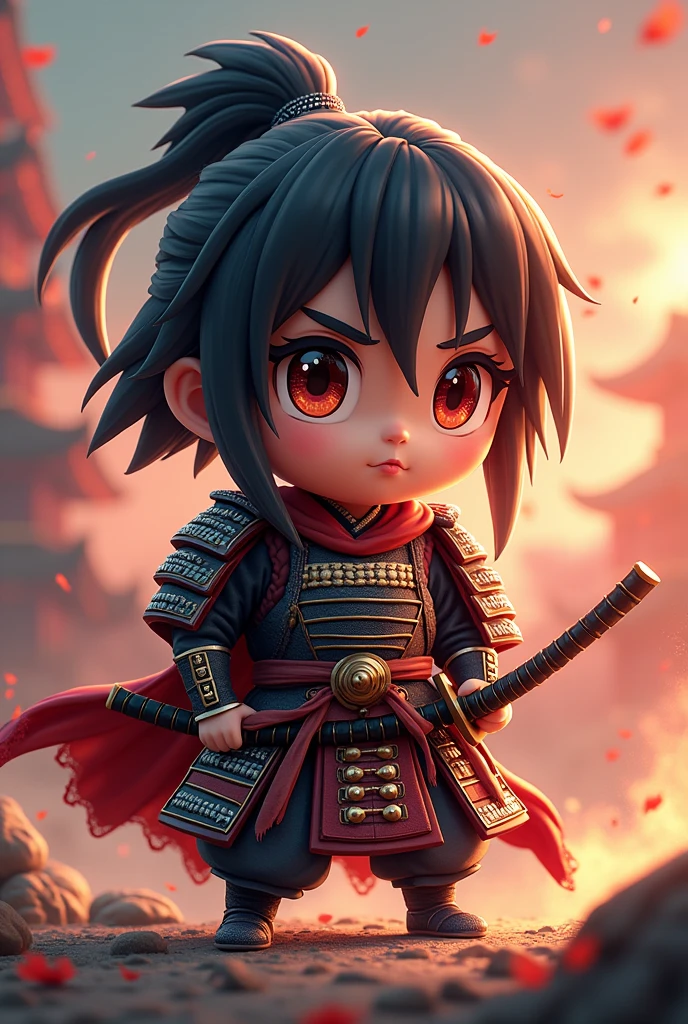 a cute and adorable chibi character of Date Masamune, the warlord of the Sengoku period in Japan, detailed armor, intricate details, beautiful detailed eyes, beautiful detailed lips, extremely detailed face and portrait, historical samurai, traditional Japanese warrior, action pose, dynamic composition, vibrant colors warm lighting, cinematic, digital art, highly detailed, 8k, photorealistic