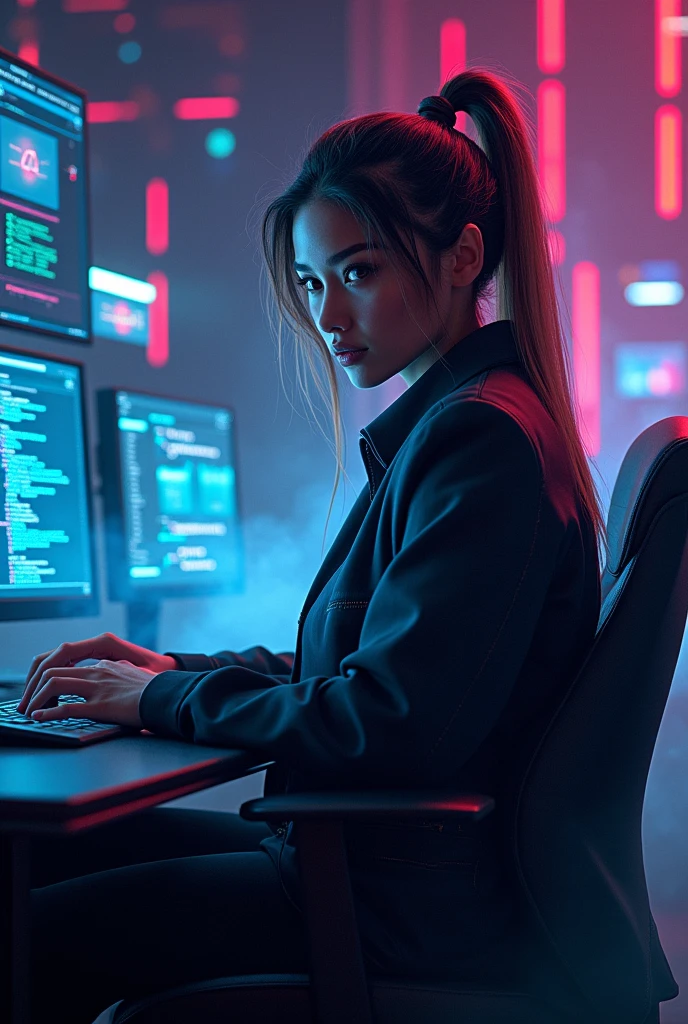 Design a dramatic image with a black background that highlights software development. In the foreground, shows a female programmer concentrating on her work, with a powerful and confident posture. She must be surrounded by 3D user interfaces and lines of code that glow in neon colors like green, blue and purple, standing out against the dark background. Add details like dynamic charts, programming language icons, and artificial intelligence elements floating in the air around her. The style should be futuristic and energetic, with lighting that highlights the figure and technological elements to give a visually striking effect
