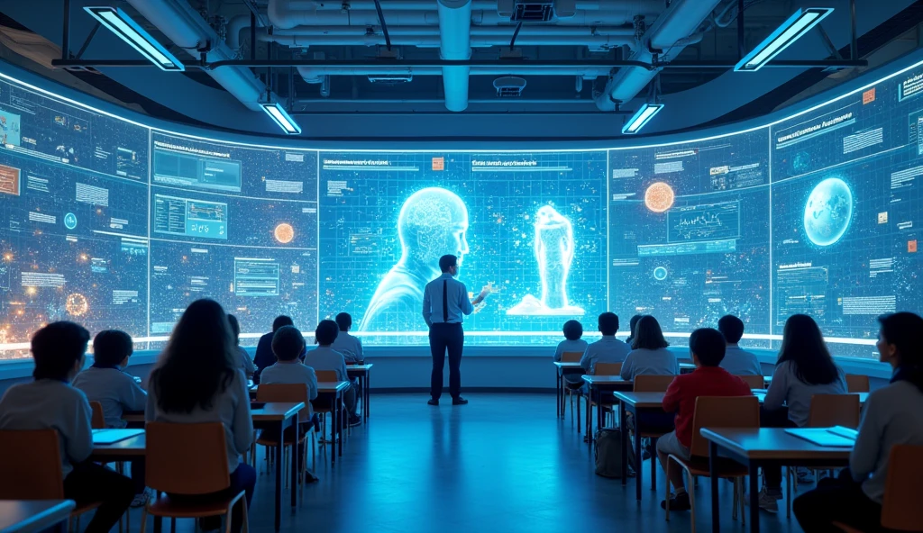 Innovative educational environments featuring AI-powered holograms and virtual reality for immersive learning experiences.