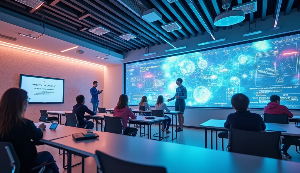 Innovative educational environments featuring AI-powered holograms and virtual reality for immersive learning experiences.