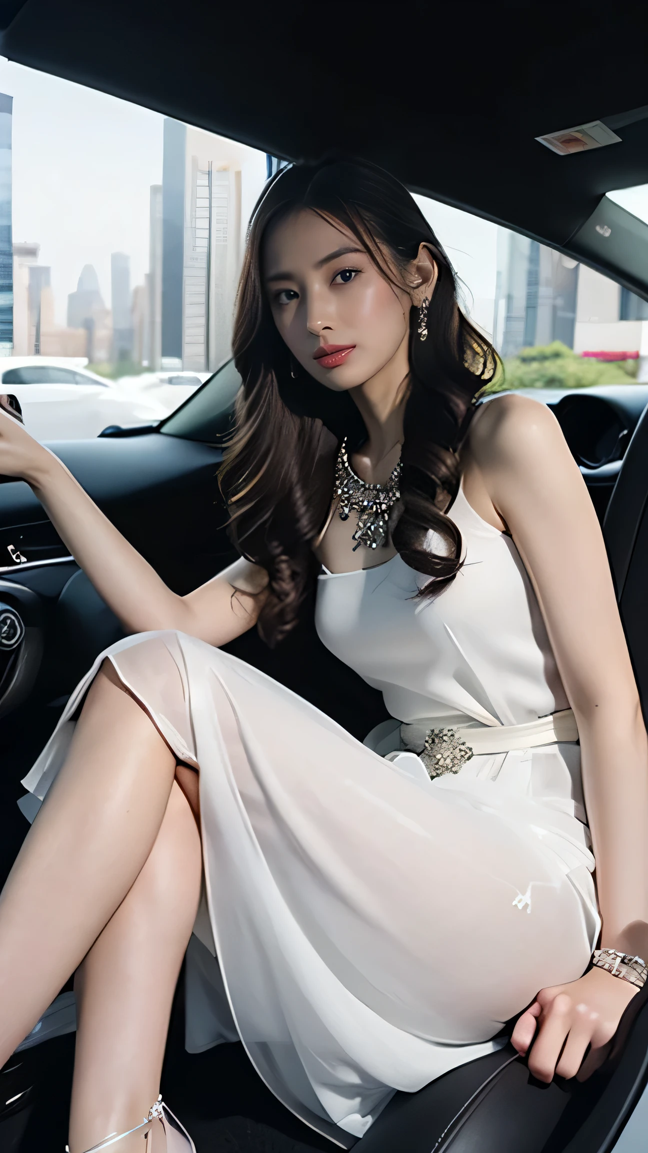 ((new york、A woman sitting in the seat of a sports car on the road.)),(masterpiece, Highest quality, Realistically, work, Very detailed, 8k), ((Wide-angle lens, Full body woman love)), 1 person,light makeup,exquisite features,smile,exquisite crystal jewelry,Heart Necklace,Crystal Headband,Light brown hair, Pompadour Hairstyle, curl,Correct finger structure,((translucent white long dress、Waist-deep slit))、Leather shoes,Long legs,Full body portrait,skyscrapers are hazy、(Luxury sports car)、