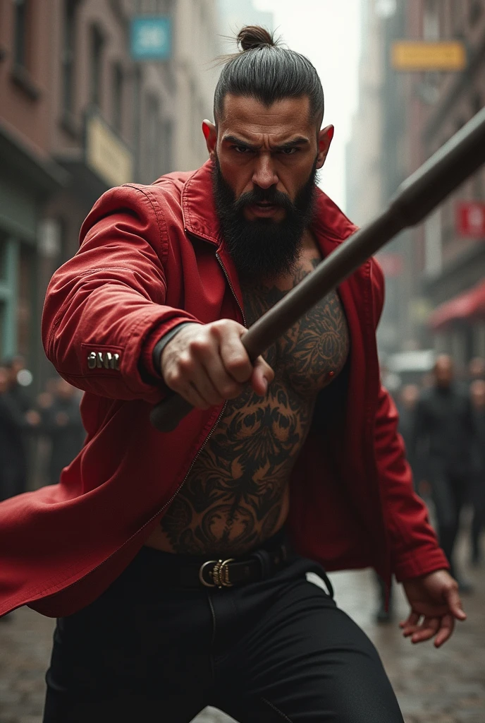 a man with a tattoo on his chest and a red jacket angry and with a baton in his hand fighting
