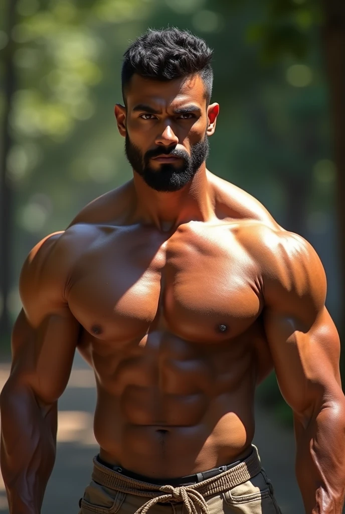 a muscular indian male bodybuilder, chiseled abs, strong jawline, beautiful detailed eyes, beautiful detailed lips, extremely detailed face and skin, dynamic pose, outdoor natural lighting, highly detailed, photorealistic, 8k, high quality, vivid colors, cinematic lighting, dramatic shadows, heroic, powerful, masculine, athletic, shirtless, intense expression