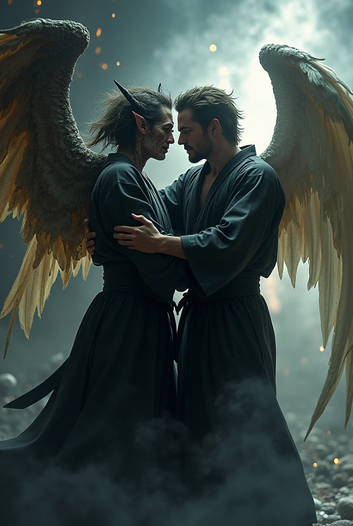 Archangel Gabriel in black kimono fighting Brazilian jiu-jitsu against demon