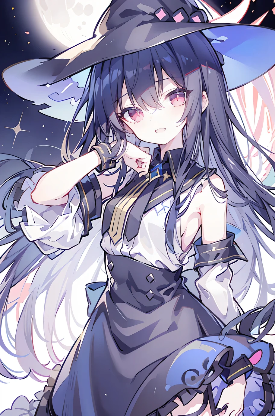 oung Girls,Humanity,A magician always smiles,big witch hat,cute,dark blue long hair,The eyes are dull,The bangs are heavy,Thin eyebrows,fantasy,intake,Double teeth,Star Theme,Constellation pattern,Solid color clothetal decoration,cloak,A bit of a dark atmosphere,A little crazy smile,When the big moon shines outside at night,blood,Hair black star embellishment,Short tie,No nails,High waist skirt,Bell sleeves,Long-sleeved shirt,Black tie,low risk,gentlemen。Mist、Yellow and white effect，Shocking pink as an accent color，back views .