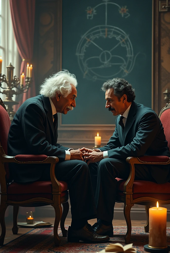 Create an image of Einstein and Tesla thinking together