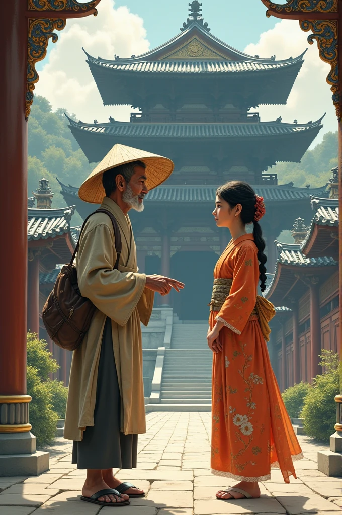 A beggar wearing a conical hat talks to a young lady in front of an Asian temple.