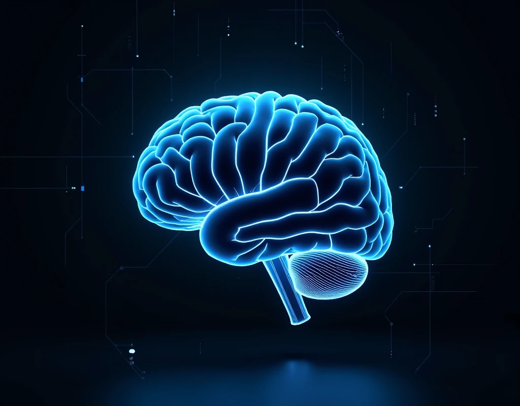 Blue brain black back ground with technology in computer size عکس افقی