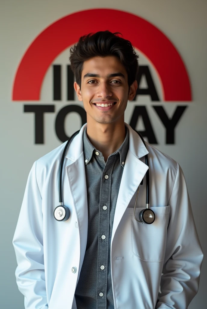Indian boy handsome wearing normal dress doctor posing for name Nadeem India Today in background