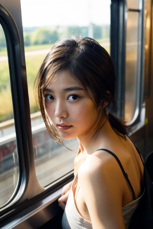 (Highly realistic photos, High resolution, Detailed face, Beautiful Eyes), ((Filmed on a train with no passengers))、Japanese women, 20-year-old, ,A little dark, alone:1, Slim figure, ponytail, Casual clothing, one in the photo、See through、Photographed in natural light、Simple Necklace、Spring Clothes、、profile、Dark brown hair color