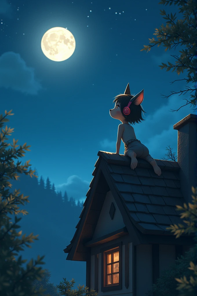 A little wolf girl is listening to music on the roof of the house, looking at the moon