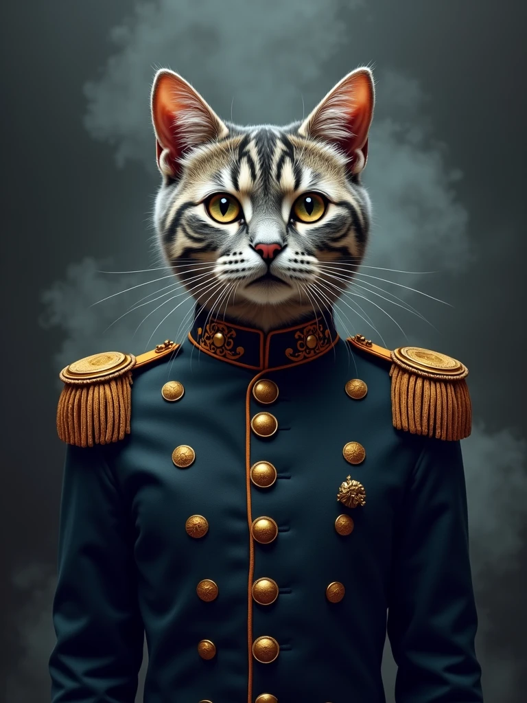 “Vector t-shirt design featuring a stoic-looking miniature British Shorthair cat dressed in an intricate and elegant military uniform. The cat has gray fur and distinctive white eyebrows, adding to its dignified appearance. The design should be highly detailed, with the cat centered in the composition, surrounded by a dark, smoky background to create a fantasy atmosphere. The style should resemble a digital painting, with smooth and sharp focus, inspired by the art styles of Artgerm, Greg Rutkowski, and Alphonse Mucha. The overall aesthetic should balance elegance with fantasy, creating a captivating and unique t-shirt design that stands out as a piece of art.”