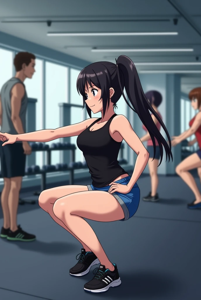The image is a screenshot of a video posted on Instagram. It shows a anime girl in a gym, performing a squat exercise. She is wearing a black tank top and blue shorts, and her hair is tied back in a ponytail. The woman is in the middle of the exercise, with her left leg extended behind her and her right leg bent at the knee. Her arms are stretched out to the sides and her feet are planted firmly on the ground. In the background, there are other people working out in the gym, and various exercise equipment can be seen. The image also includes a caption that reads "When she almost catches you staring.