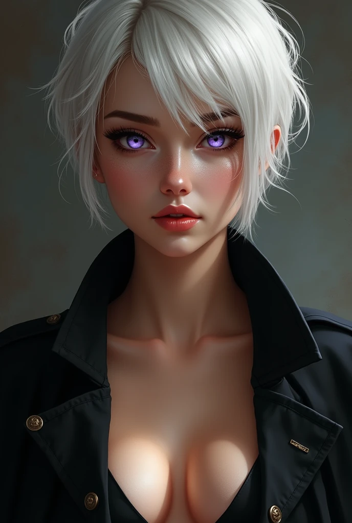 Woman with short white hair, violet eyes and light brown skin wearing a low-cut black jacket
