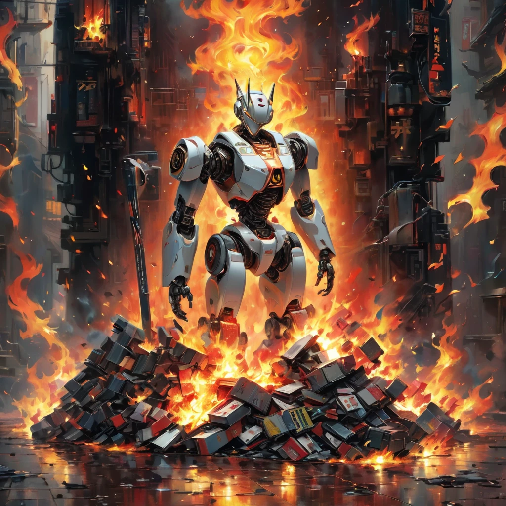 Cards with robots、pliers、cutter、tool、I can see the whole body wrapped in fire