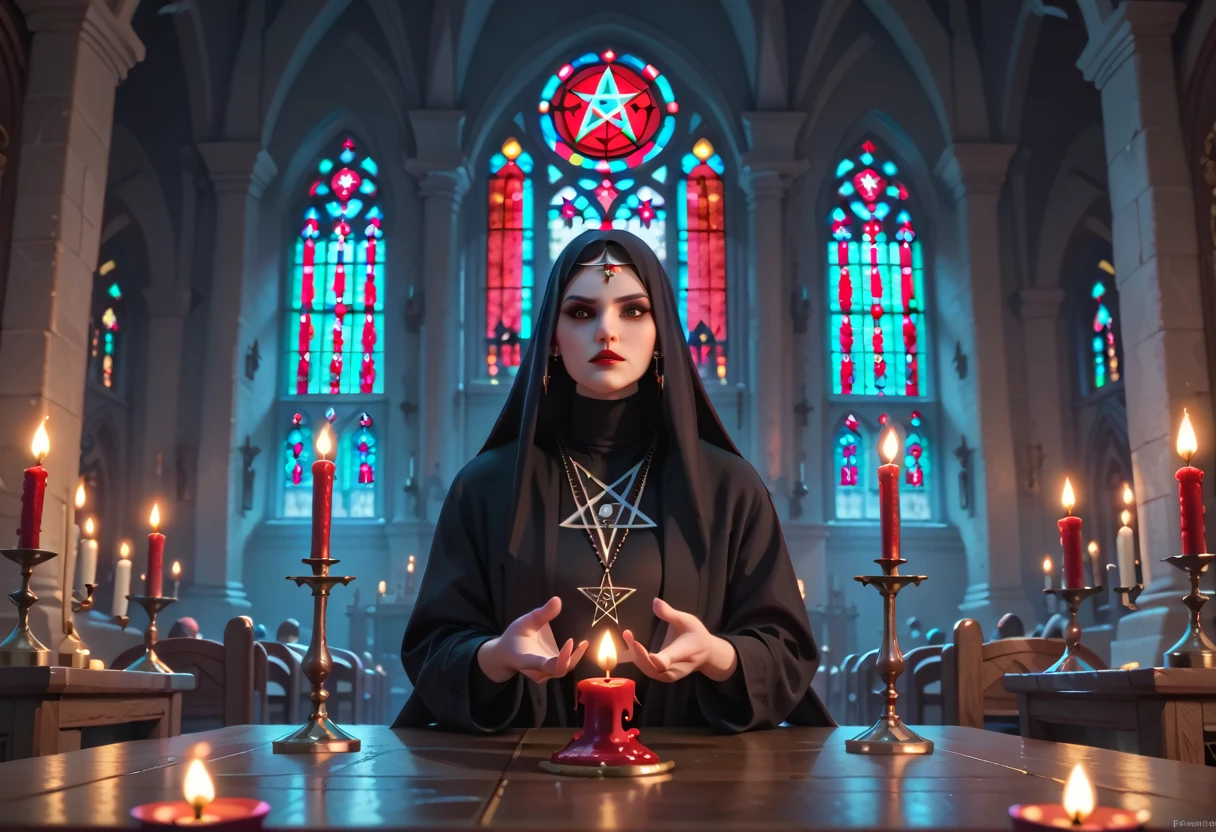 evil church, pentagram, red candles, masterpiece quality, ultra HD, 4K, best quality