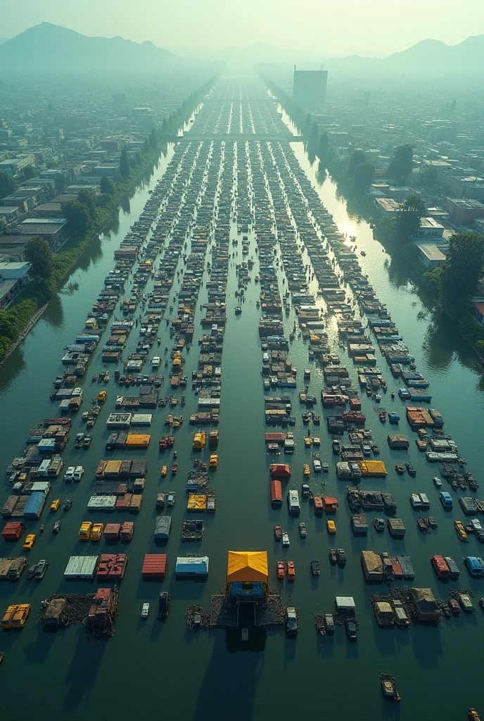 Create an aerial view of a vast flooded city with buildingsand mountains in the distance. The foreground is filled with countless vehicles and tents arranged in a grid pattern, forming large letters that spell out as "PRAY FOR TRIPURA". The scene should convey a sense of urgency and focus, with the letters made up of the vehicles and tents standing out prominently against the flooded background.
