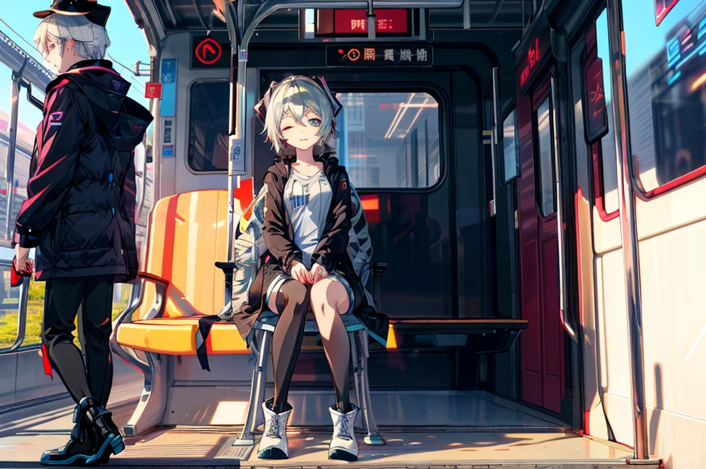 (((full body))),masterpiece,colorful,The best quality at its best,((solo,One person)),boots,Green Eyes,High resolution,((train,trainの車内,Sit in your seat,Do the splits,Falling asleep)),White coat,(uniform:1.3),Put your hands in your pockets, 長い青い髪と白いシャツと黒いスカートを着たAnime, hatsune miku, Portrait of hatsune miku, hatsune miku short hair, Vocaloid, Hatsune Miku portrait, friend, Mikudayo, 青緑色の髪のAnime, hatsune miku cosplay, Hatsune Miku's Face, Animeスタイル4 K, Anime, 魅力的なAnime