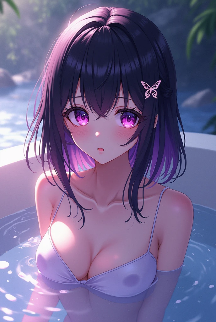 A girl with purple tinted black hair with magenta colored eyes, medium hair with a butterfly shaped pin and big breasts bathing anime style