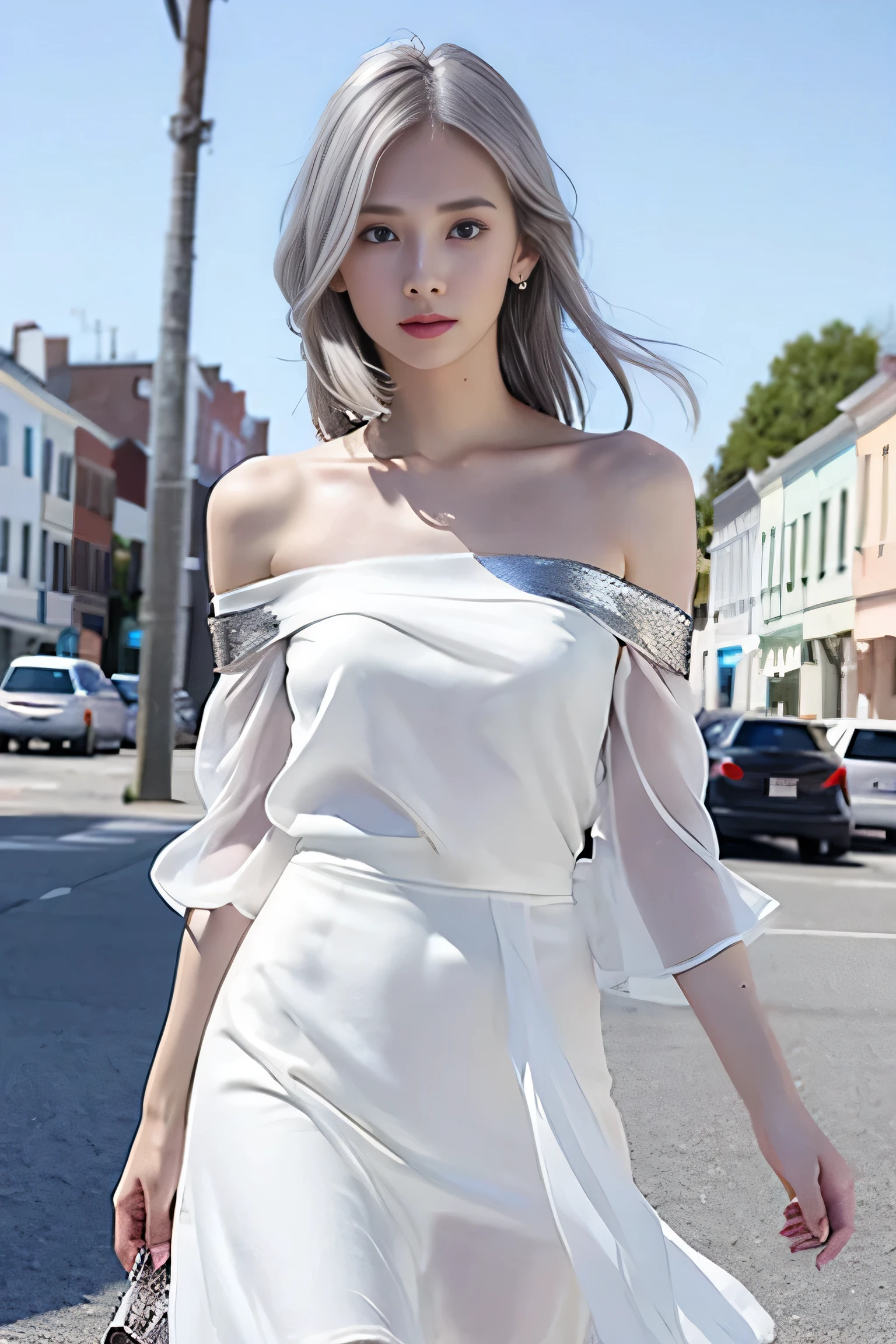 Heterochromia iridis,Silver Haired Girl,High Resolution Free,(Semi-transparent off-shoulder pure white dress、One Shoulder)、(The wind blows up my skirt)