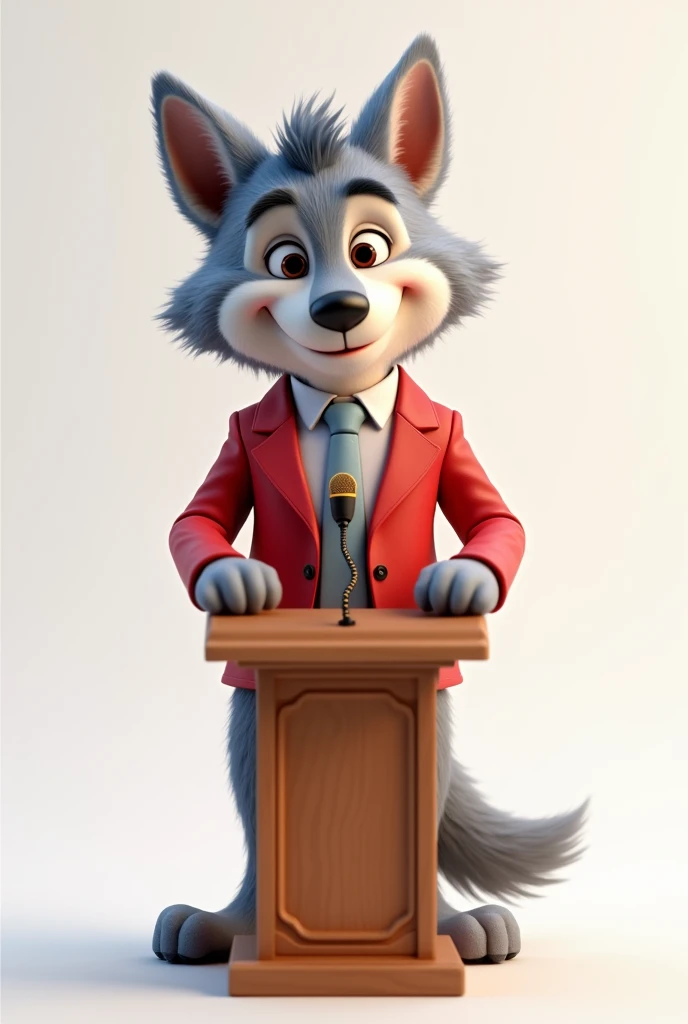 Create a human version of Disney's Big Bad Wolf, with a friendly look, and with a cute look. He is dressed in a stylish red blazer, but with a comic touch and must be in front of a pulpit with an election campaign microphone. The character must appear in full body and must have soft and charming features., with a smiling air and with a detailed and expressive 3D image style. Keep the background white, simple to highlight the figure. Design should evoke a welcoming feeling, maintaining features that resemble a wolf, like pointy ears, the long tail, the wolf's snout.