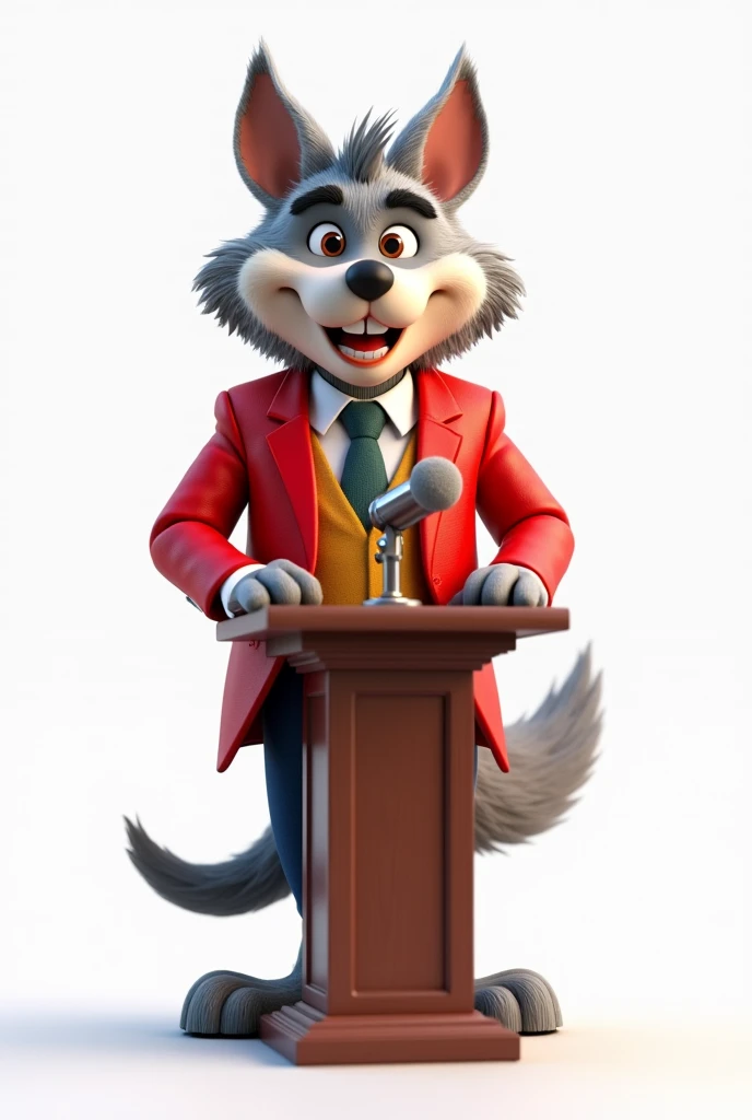 Create a human version of Disney's Big Bad Wolf, with a friendly look, and with a cute look. He is dressed in a stylish red blazer, but with a comic touch and must be in front of a pulpit with an election campaign microphone. The character must appear in full body and must have soft and charming features., with a smiling air and with a detailed and expressive 3D image style. Keep the background white, simple to highlight the figure. Design should evoke a welcoming feeling, maintaining features that resemble a wolf, like pointy ears, the long tail, the wolf's snout.