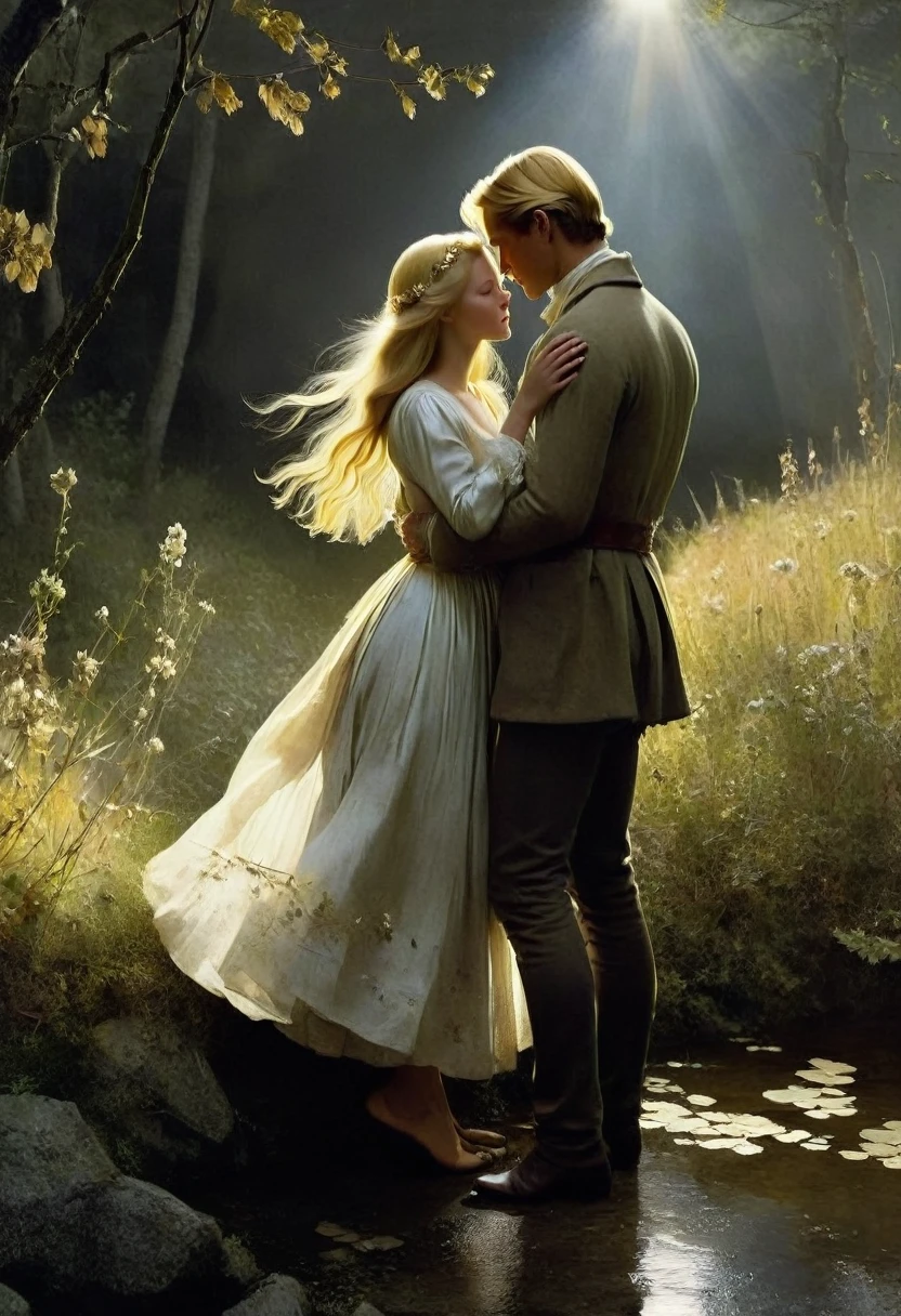 A magical fairy tale about a girl with golden hair and a handsome prince who fell in love with her. masterpiece. The art by Andrew Wyeth features a muted floral palette and dry brush technique that creates a calm animation feel. mystical light and shadows.