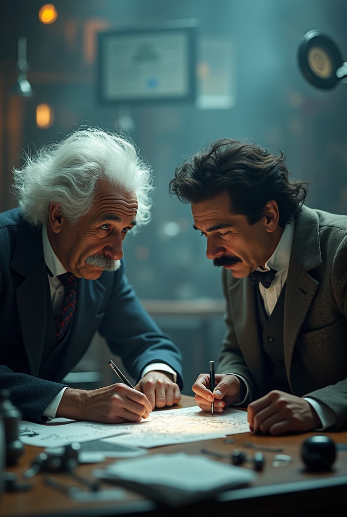 Create an image of Einstein and Tesla thinking together and make it epic as if they were thinking about sports