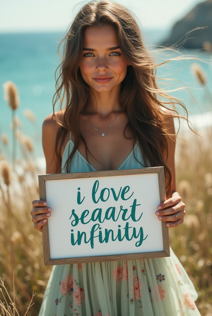 Beautiful girl with wavy long hair, bohemian dress, holding a white board with text "I Love Seaart Infinity" and showing it to the viewer