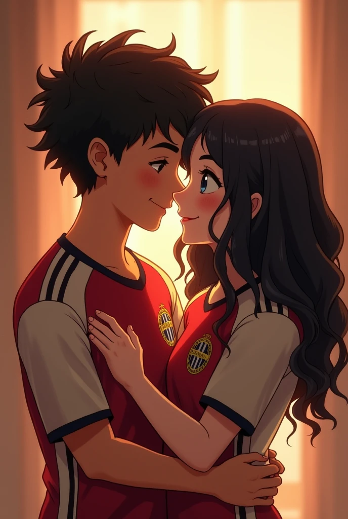 Hugging my boyfriend, a boy with short curly dark hair and a São Paulo team shirt, and a girl with long curly dark hair and white skin wearing a São Paulo shirt.