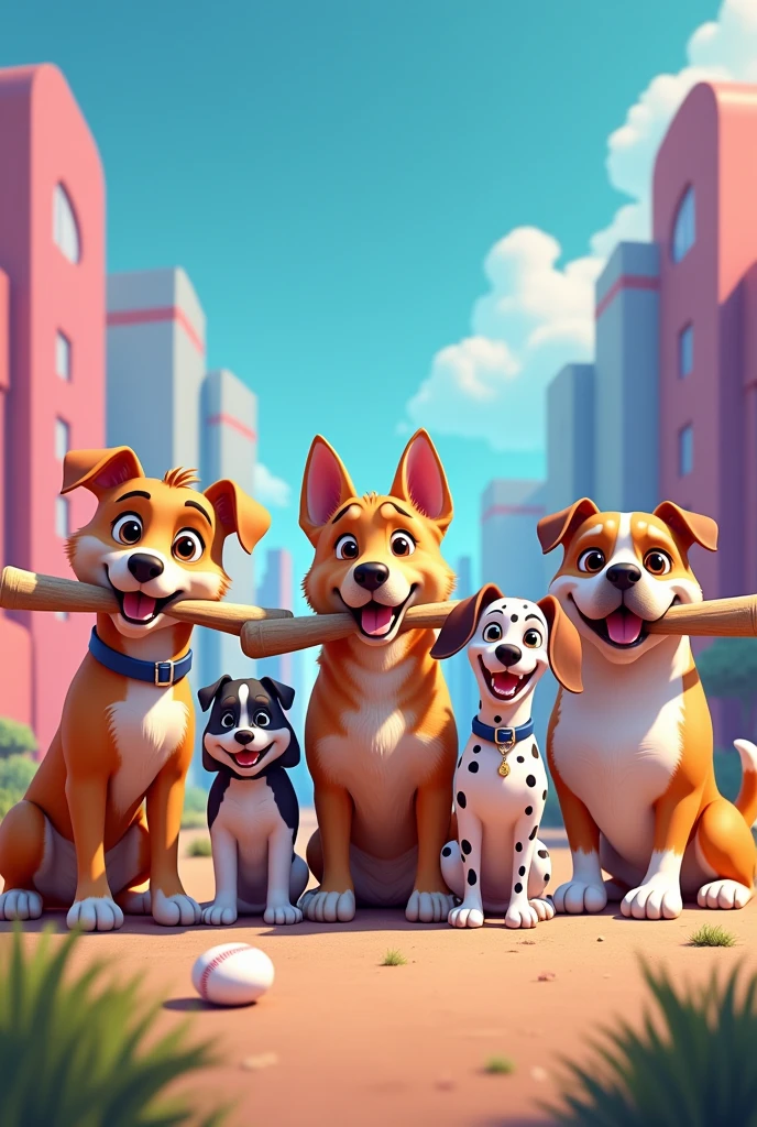 "A playful scene featuring four or five dogs, each holding a baseball bat in their mouth. The dogs are of different breeds—perhaps a golden retriever, a husky, a beagle, a Dalmatian, and a bulldog sitting in a Crypto world. They are gathered in a loose circle as if preparing for a fun game of baseball. The dogs look excited and ready to play, with happy expressions on their faces."