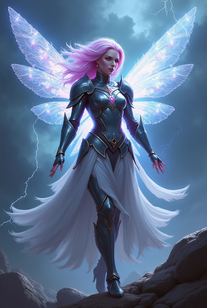 a woman with a pink skin and with thunder power and fairy wings and wearing a armor