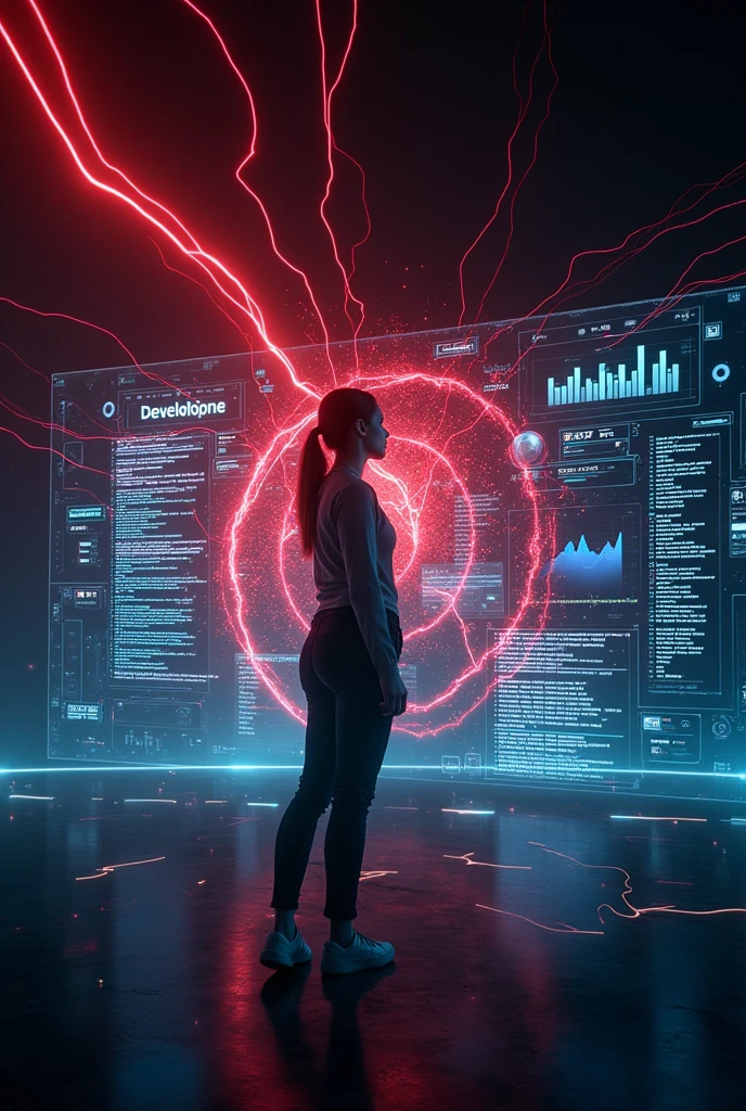 Generate a powerful image with a black background that represents software development in an impressive way. In the middle, places a female developer with a magnetic presence, surrounded by a highly futuristic digital environment. She must be interacting with a large holographic screen that displays lines of code, Advanced charts and data maps in vibrant colors like red, electric blue and silver. Add visual effects like light streams that intertwine and move around it, creating a sense of dynamism and energy. The image should combine elements of high technology and cyberspace with an epic and cinematic style., highlighting the skill and power of programming