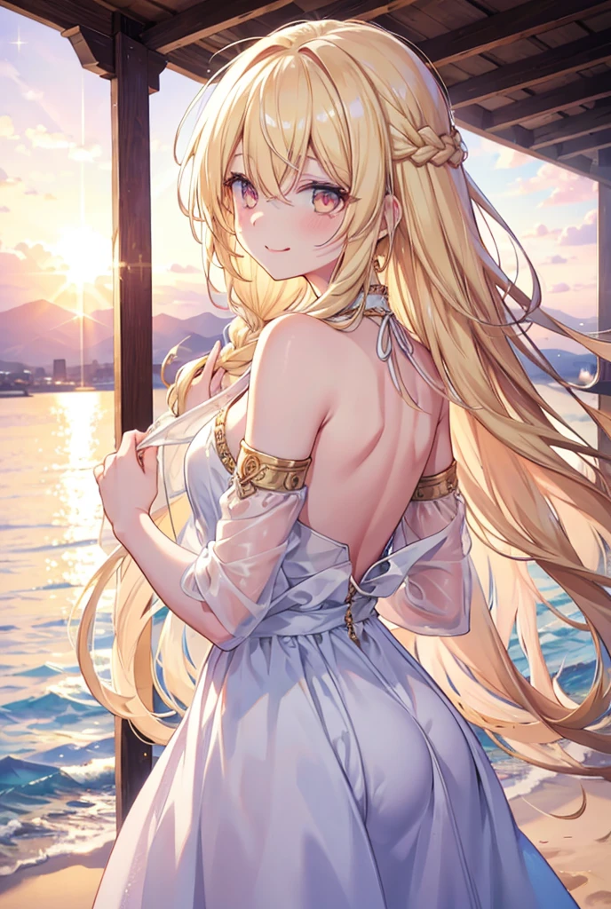 Long Hair, smile, Blonde, Golden Eyes, White dress,Sunset beach,
goddess,diesirae,Soft Light, Gentle colors, Hair that hides one eye, Double braid in low position, Back view, Sticking out tongue, Sparkle Effect, Overlooking, masterpiece, 最high quality, High resolution, High-resolution model, high quality, Textured skin, Ultra high definition,