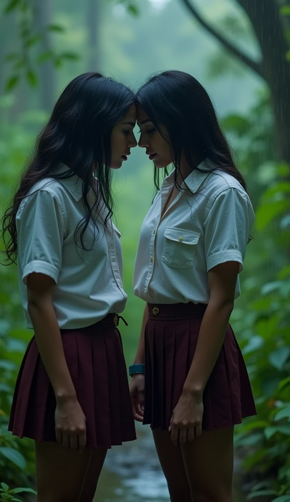 Two most beautiful Indian schoolgirls age 18 sexy bodies detailed eyes detailed pink lips long hair black, long legs ,sexy legs with very big breast, both wearing mini school skirts and white tit shirts cotton 2 button open lot of clevage show both girls standing nose to nose angrily stare each other angrily catfight in rain in  jungle heavy storm pulling each other hair , ultra max 4k masterpiece realistic picture quality, cinematic view late night scene 