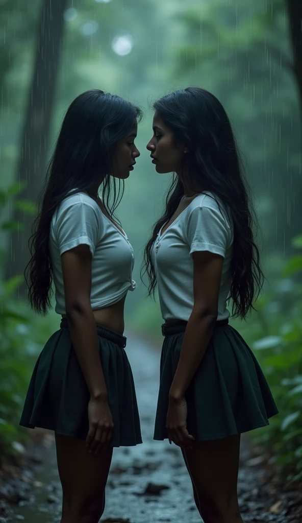 Two most beautiful Indian girls age 18xy bodies detailed eyes detailed pink lips long hair black, long legs ,sexy legs with very big breast, both wearing mini school skirts and white tit shirts cotton 2 button open lot of clevage show both girls standing nose to nose angrily stare each other angrily catfight in rain in  jungle heavy storm pulling each other hair , ultra max 4k masterpiece realistic picture quality, cinematic view late night scene 