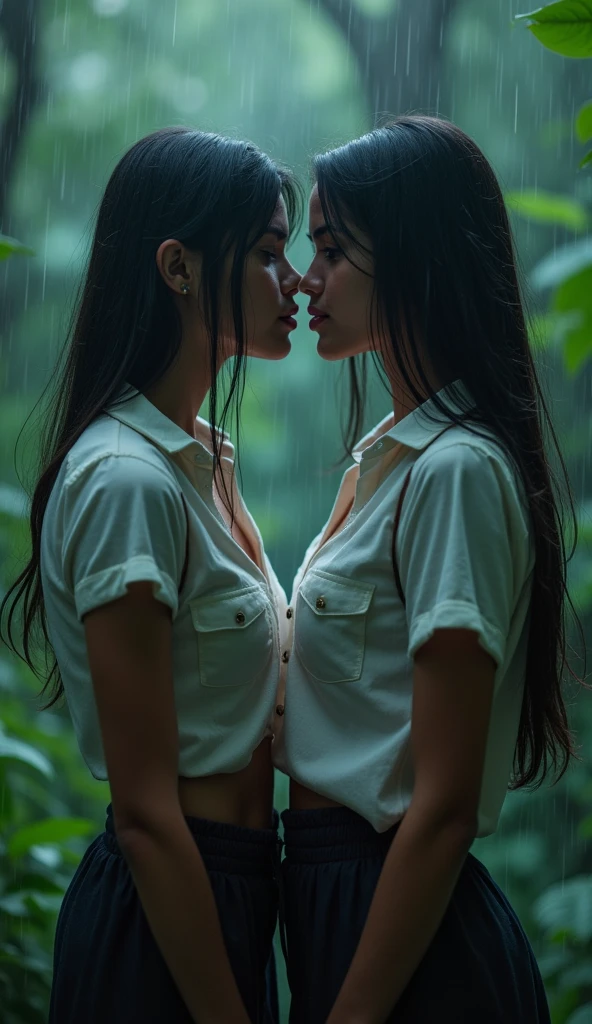 Two most beautiful Indian girls age 18xy bodies detailed eyes detailed pink lips long hair black, long legs ,sexy legs with very big breast, both wearing mini school skirts and white tit shirts cotton 2 button open lot of clevage show both girls standing nose to nose angrily stare each other angrily catfight in rain in  jungle heavy storm pulling each other hair , ultra max 4k masterpiece realistic picture quality, cinematic view late night scene 
