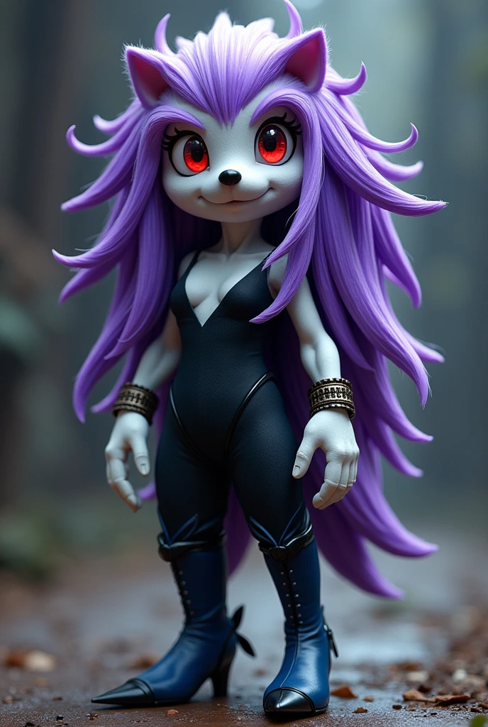 A hedgehog, with long purple hair, Red eyes, some white gloves, with bracelets, a black panty full body sleeveless and v-neck, Dark blue boots with heels