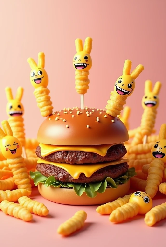 Juicy burger surrounded by anime fries