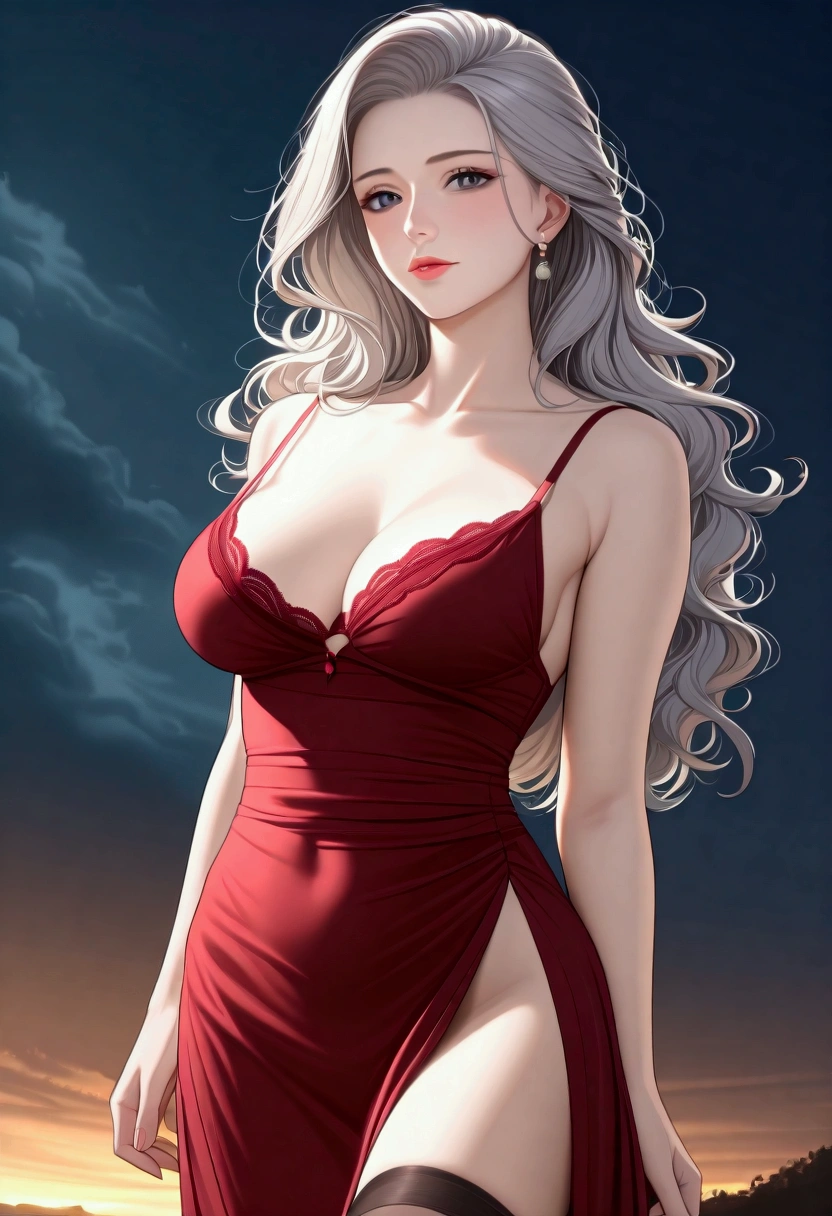 score_9, score_8_superior, score_7_superior, High-resolution CG illustration,A masterpiece in 32K resolution,Highest quality,it is really amazing,Very detailed,Ultra-high resolution,Ultra-realistic,Realistic,Increased depth of field,Cinematic lighting,
Elegant mature Japanese woman,
Shiny silver hair,Wavy long hair,Showing his forehead,god々Beautiful,Ultra-detailed and beautiful face,Sensual look,Beautiful dark brown, moist eyes,Pitch black eyes,Glowing, moisturized skin,Translucent white skin,born々New skin texture,Great proportions,
Elegant wine-red slit dress,spaghetti straps,Deep slit,Detailed and beautiful lace decorations,born地の柔らかな質感,
Black panties,
Black Stockings,
A dark and blurry night background,Dark overcast sky on a dull night,Dark clouds filling the sky,Thundercloud,Coastline at night,Golden reflections on the sea surface,delay々A desolate sandy beach that continues,
Dramatic Angle,