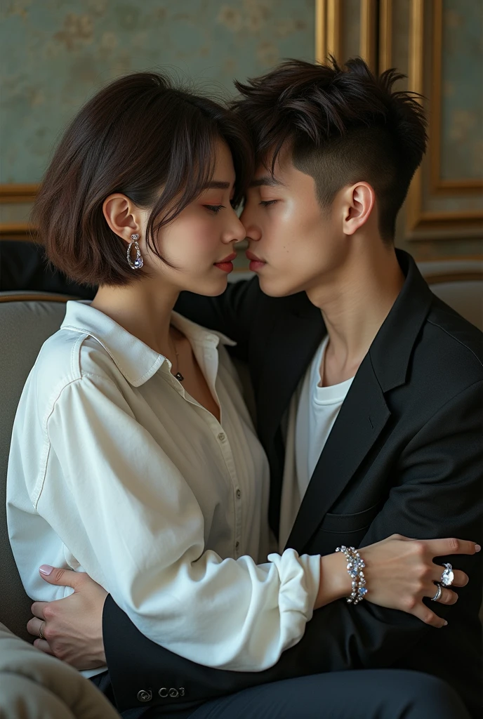 Young girl with brown short hair Mullet male asymmetrical haircut. with open ears, deathly pale skin, white gothic vampire shirt, she leaned against Young guy jeon Jungkook embrace couple in love. Sitting on the sofa, cool pose wonder model, perfect dentle face, light Fantasy effect. crystals on the rings. Photo romance.