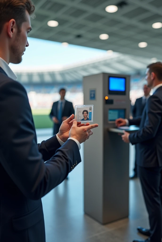Person with a work credential in hand showing it at a security checkpoint to validate their access to a stadium