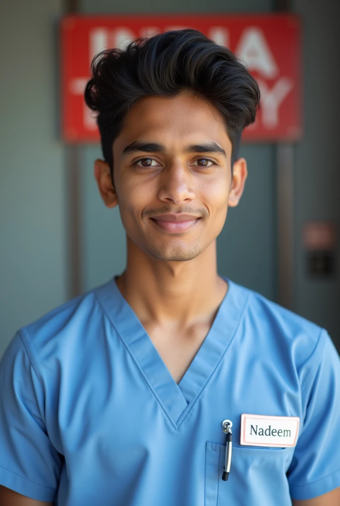 17 year old Indian boy handsome wearing normal doctor dress posing for name Nadeem India Today in background