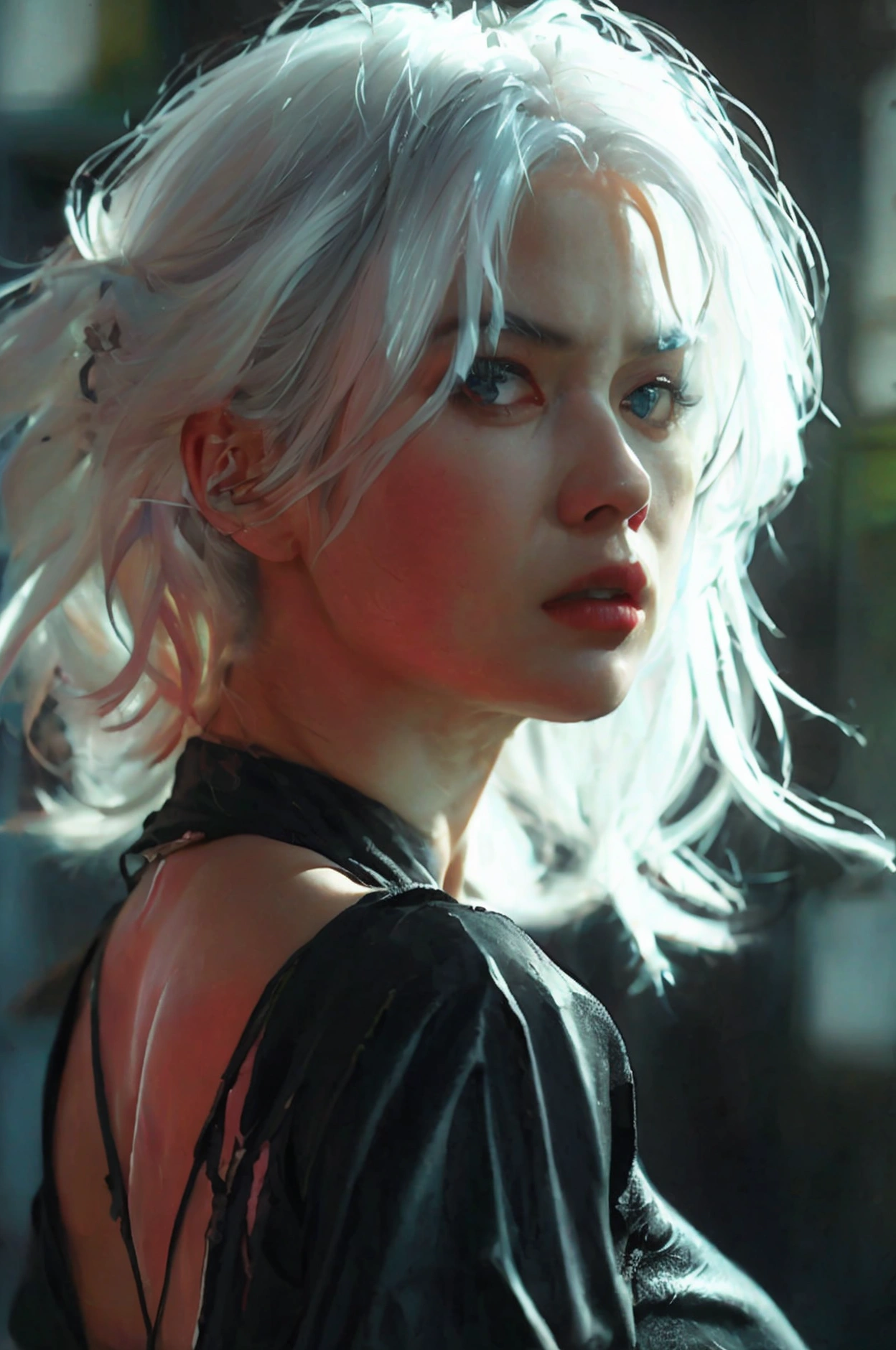 A woman with pastel white hair, black eyes, wearing black ninja clothes, perfect anatomy, realistic, best composition, cinematic lighting, highly detailed, photorealistic, 8k, masterpiece, elegant, graceful, powerful, dynamic pose, moody atmosphere, dramatic shadows, vibrant colors, chiaroscuro, cinematic composition, mesmerizing gaze, striking portrait