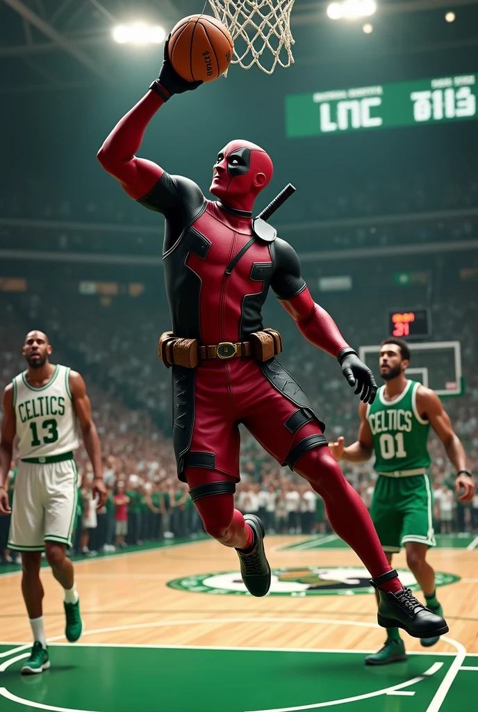 Wade Wilson shooting a goal (in basketball), wearing the Deadpool costume, while other Marvel characters watch him