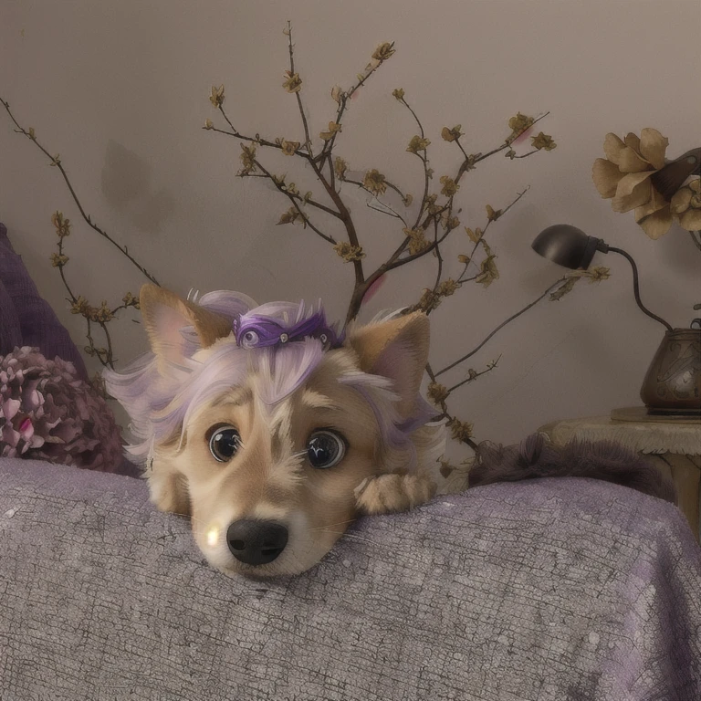 there is a puppy with purple hair sitting on a sofa, with a disorganized look,, she has a crown of dried flowers, wearing spiky artistic pose