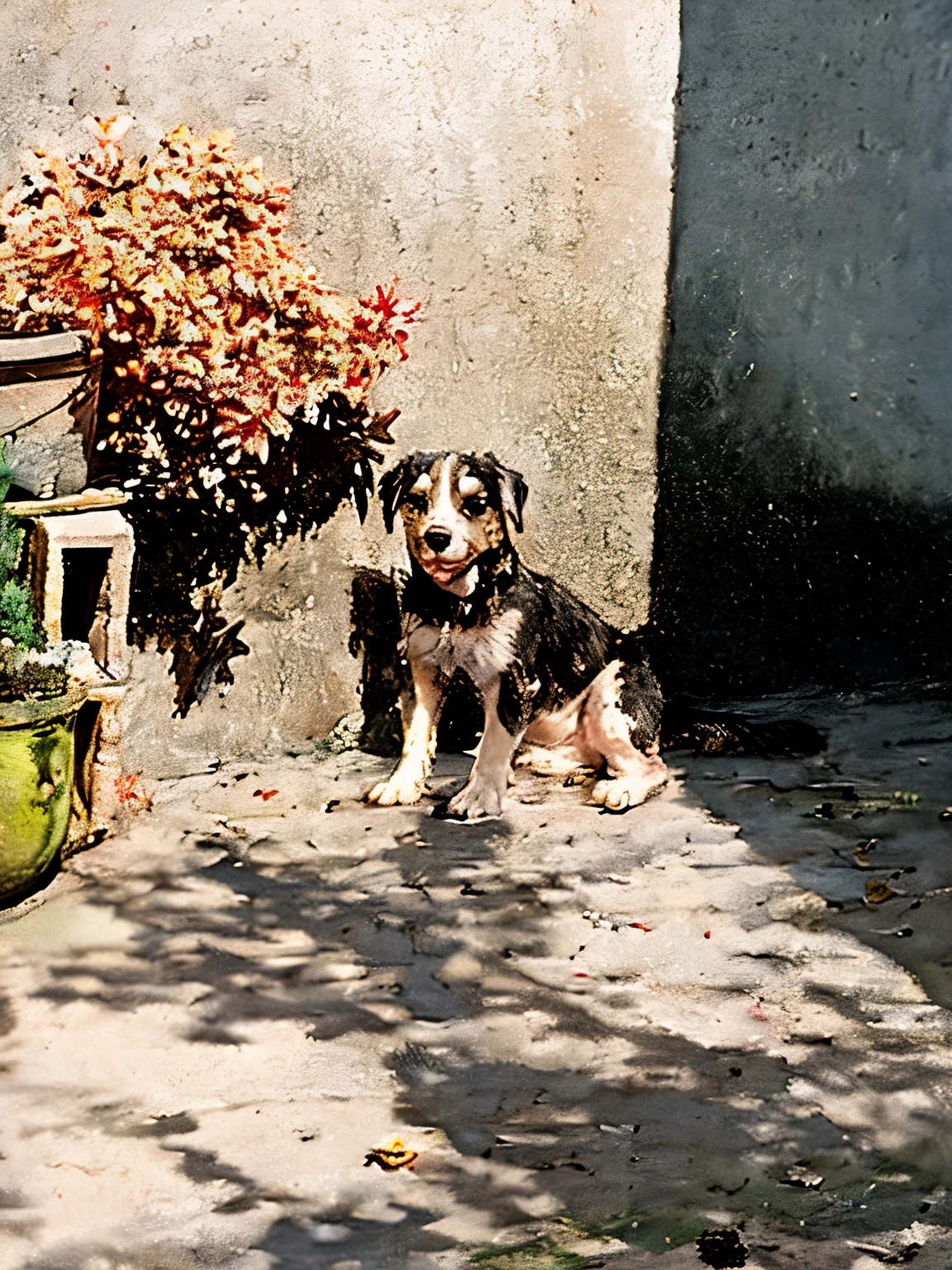 Small black and beige dog playing with butterfly